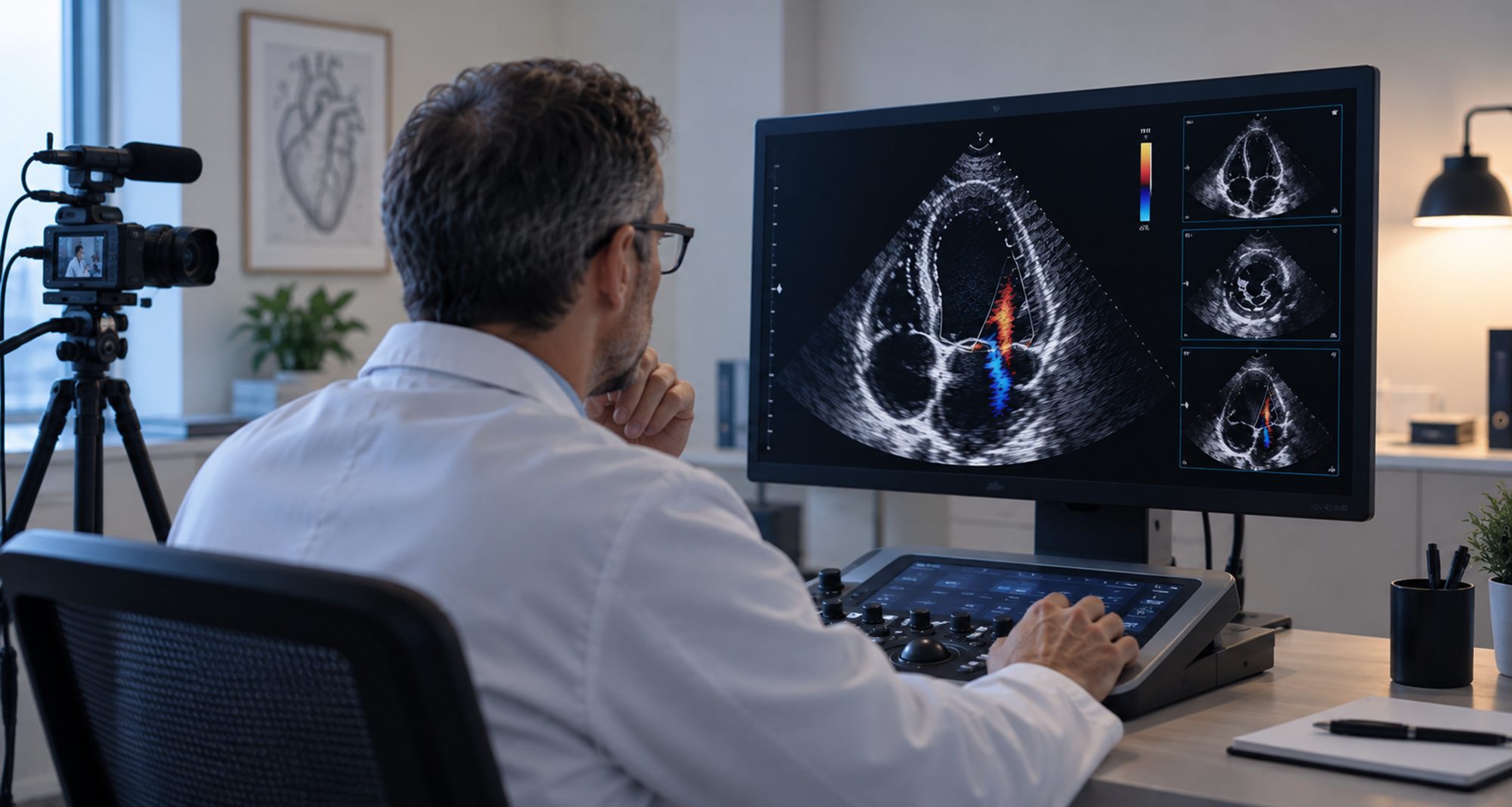 Cardiologue réalisant une échographie cardiaque téléguidée depuis un poste de télémédecine